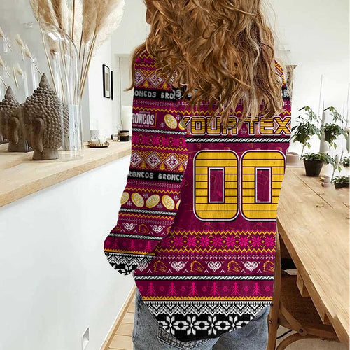 Personalized Broncos Rugby Xmas Women Casual Shirt Australia NRL Mascot