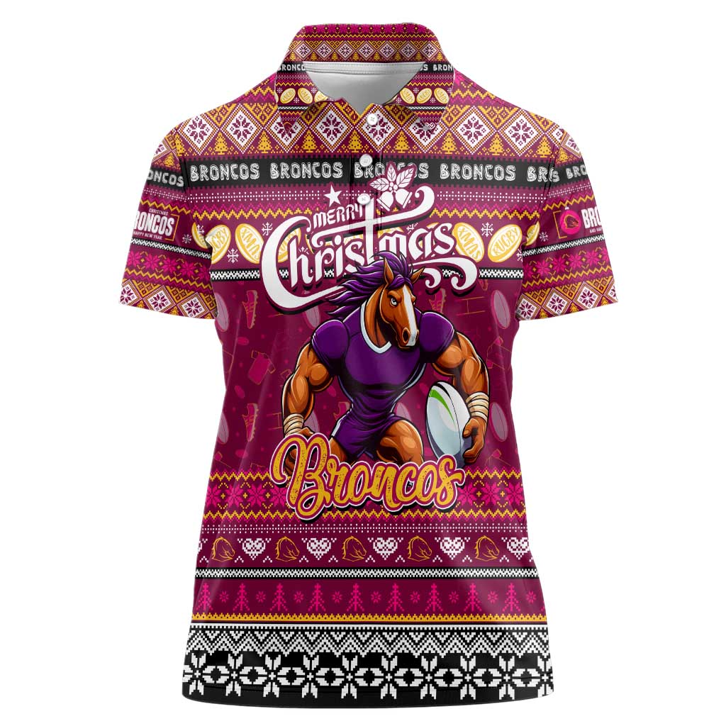 Personalized Broncos Rugby Xmas Women Polo Shirt Australia NRL Mascot