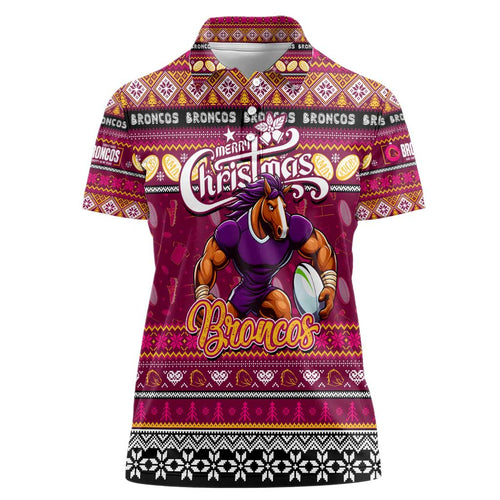 Personalized Broncos Rugby Xmas Women Polo Shirt Australia NRL Mascot