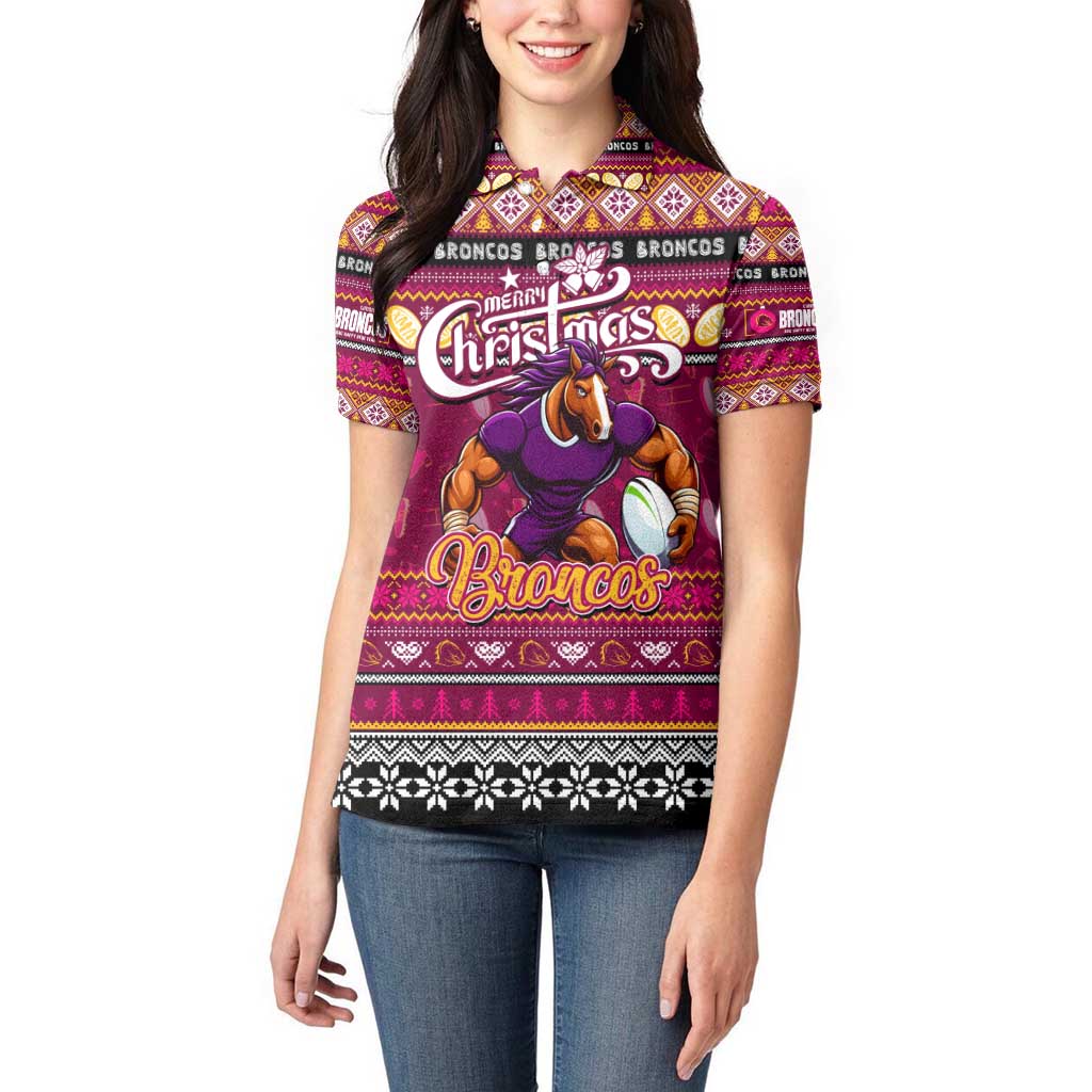 Personalized Broncos Rugby Xmas Women Polo Shirt Australia NRL Mascot