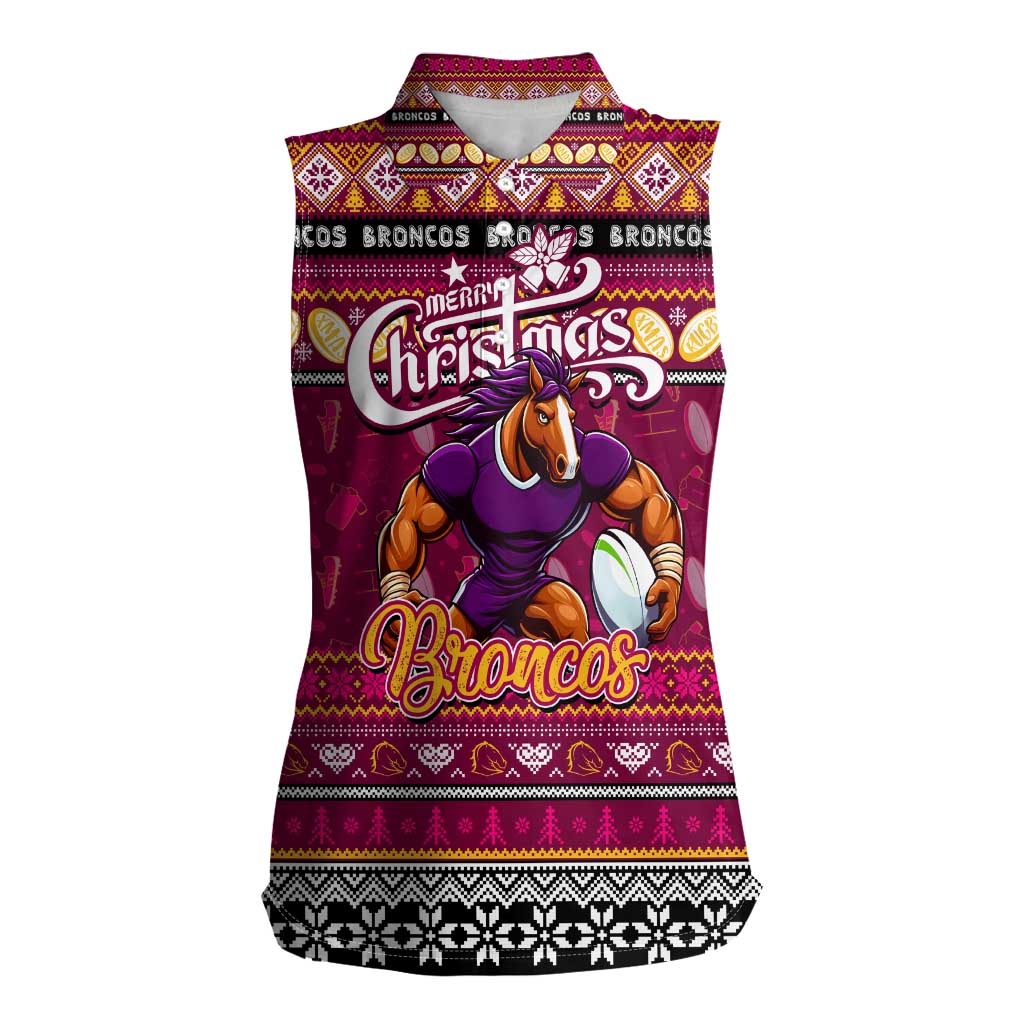 Personalized Broncos Rugby Xmas Women Sleeveless Polo Shirt Australia NRL Mascot