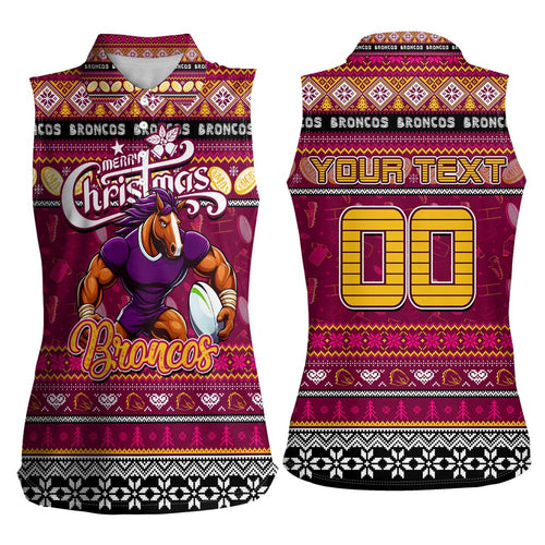 Personalized Broncos Rugby Xmas Women Sleeveless Polo Shirt Australia NRL Mascot