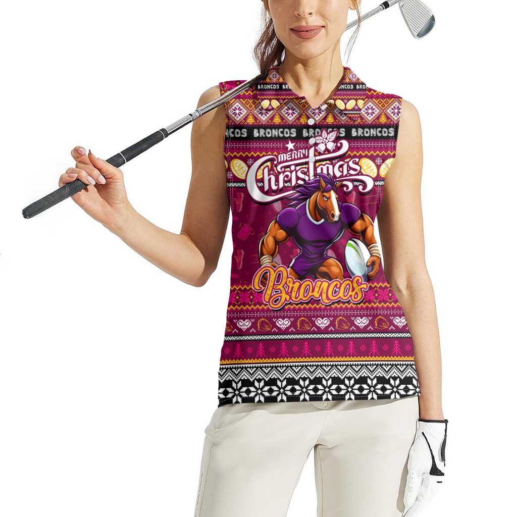 Personalized Broncos Rugby Xmas Women Sleeveless Polo Shirt Australia NRL Mascot