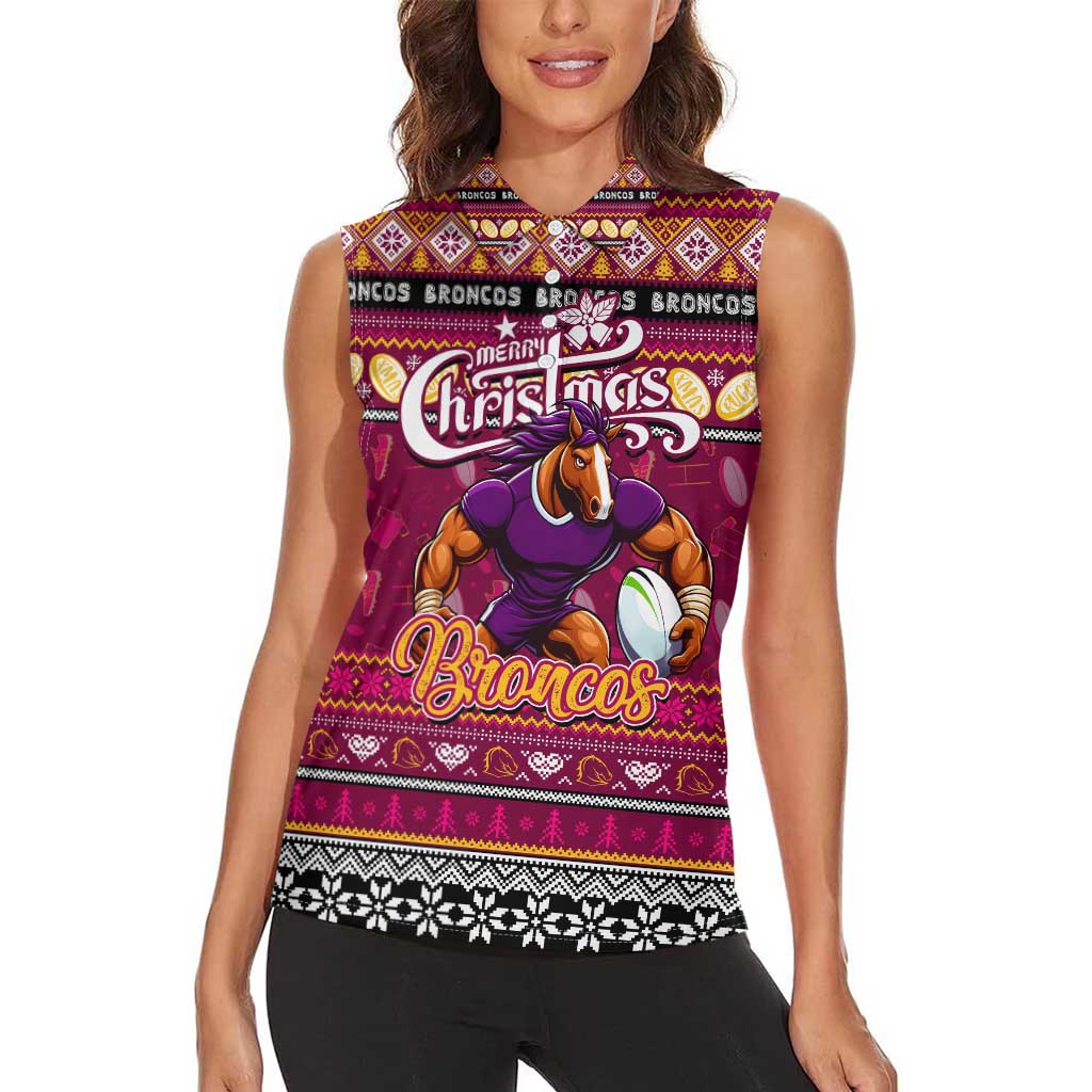 Personalized Broncos Rugby Xmas Women Sleeveless Polo Shirt Australia NRL Mascot