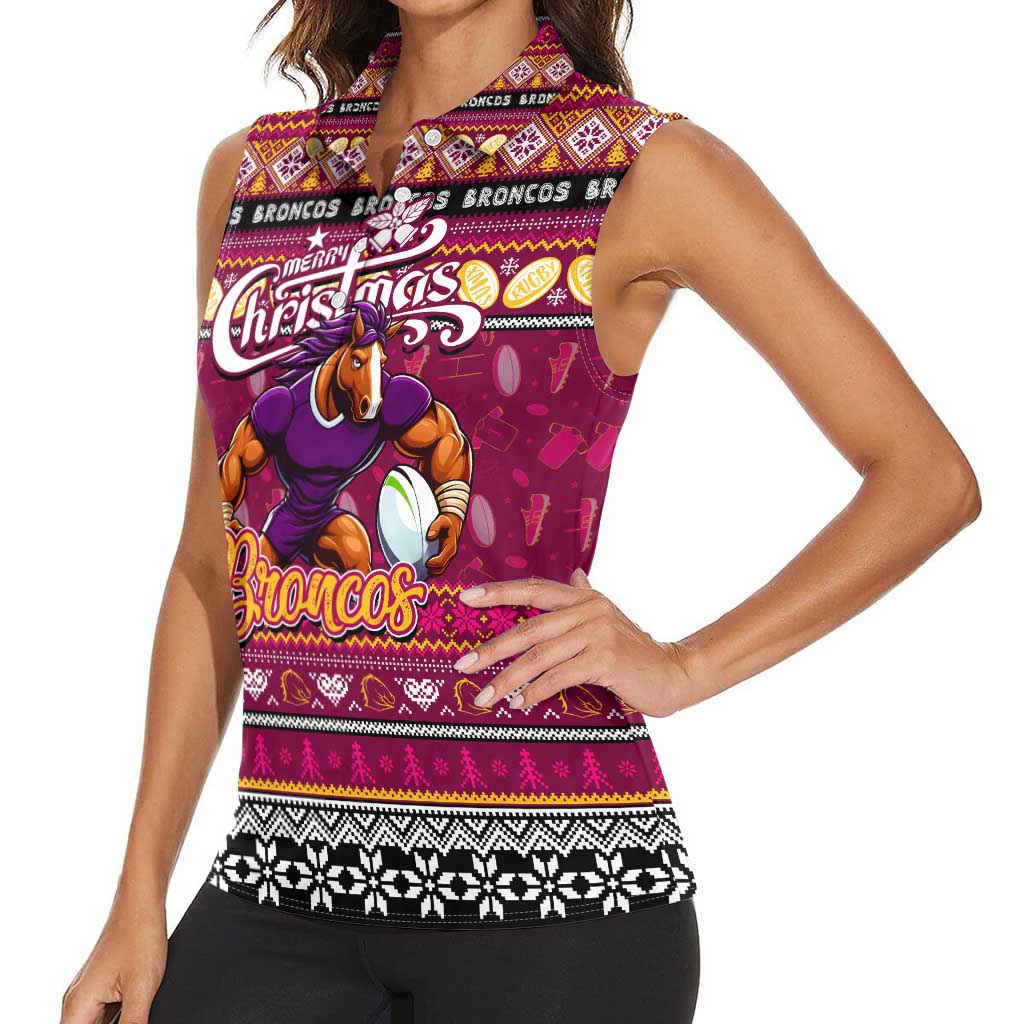 Personalized Broncos Rugby Xmas Women Sleeveless Polo Shirt Australia NRL Mascot