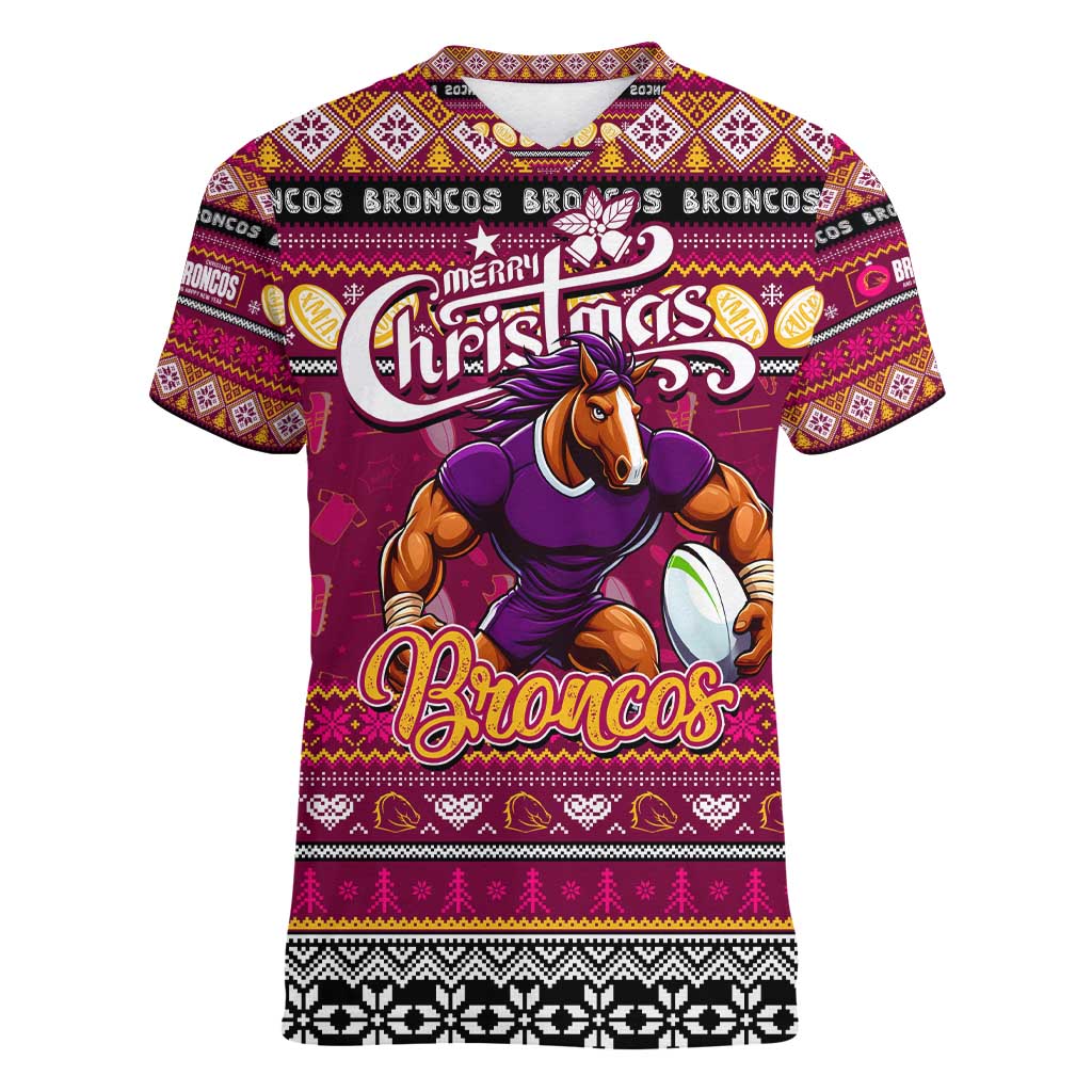 Personalized Broncos Rugby Xmas Women V-Neck T-Shirt Australia NRL Mascot