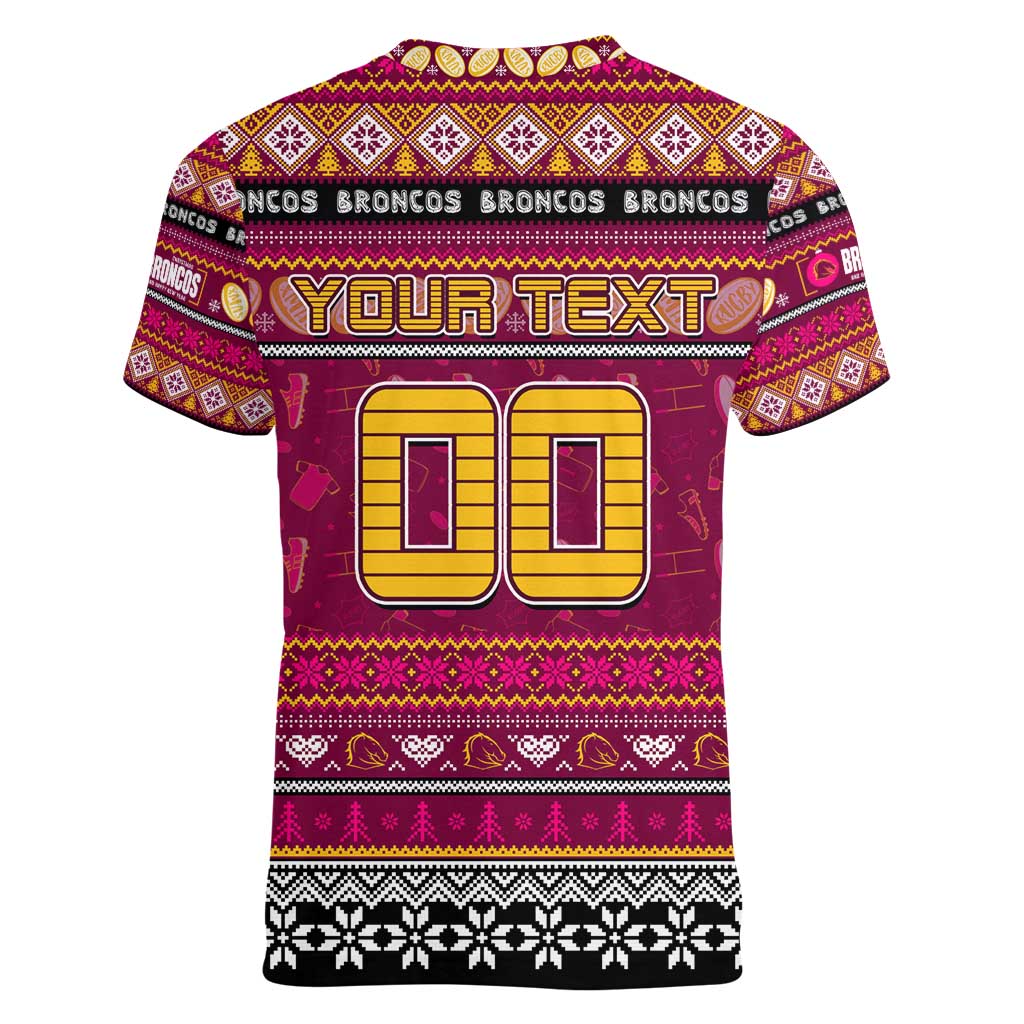 Personalized Broncos Rugby Xmas Women V-Neck T-Shirt Australia NRL Mascot