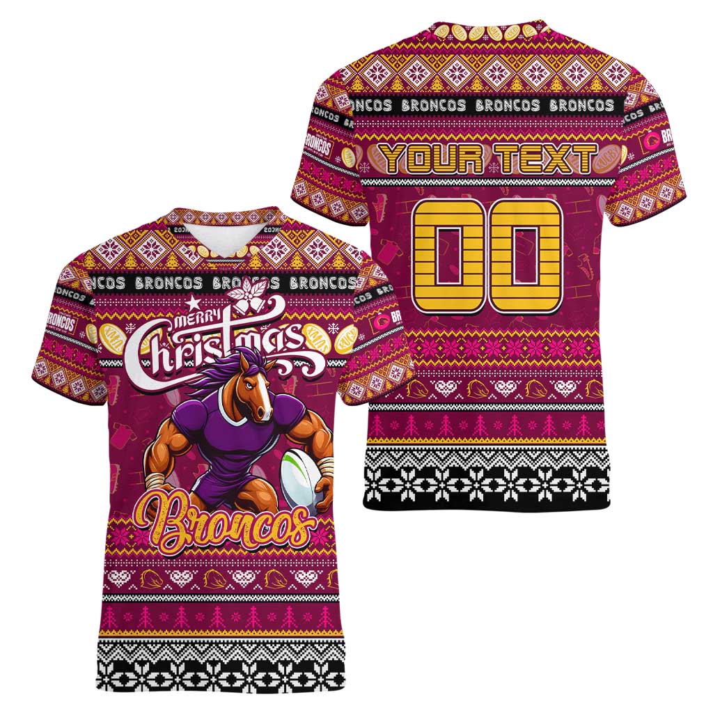 Personalized Broncos Rugby Xmas Women V-Neck T-Shirt Australia NRL Mascot