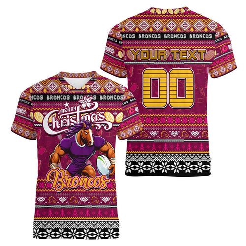 Personalized Broncos Rugby Xmas Women V-Neck T-Shirt Australia NRL Mascot