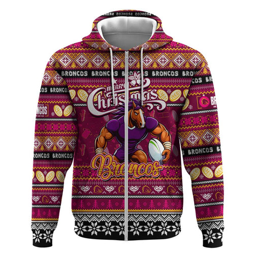 Personalized Broncos Rugby Xmas Zip Hoodie Australia NRL Mascot