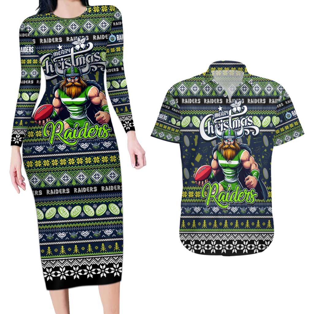 Personalized Raiders Rugby Xmas Couples Matching Long Sleeve Bodycon Dress and Hawaiian Shirt Australia NRL Mascot