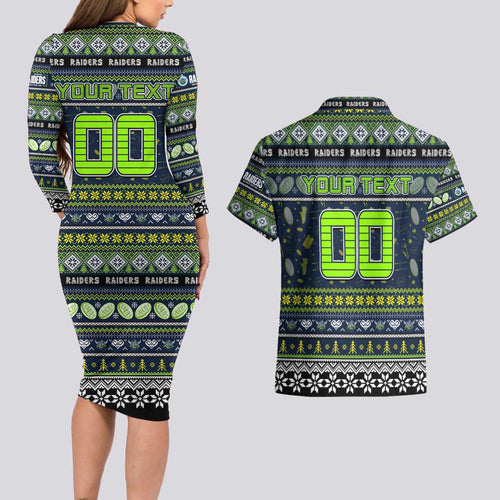 Personalized Raiders Rugby Xmas Couples Matching Long Sleeve Bodycon Dress and Hawaiian Shirt Australia NRL Mascot