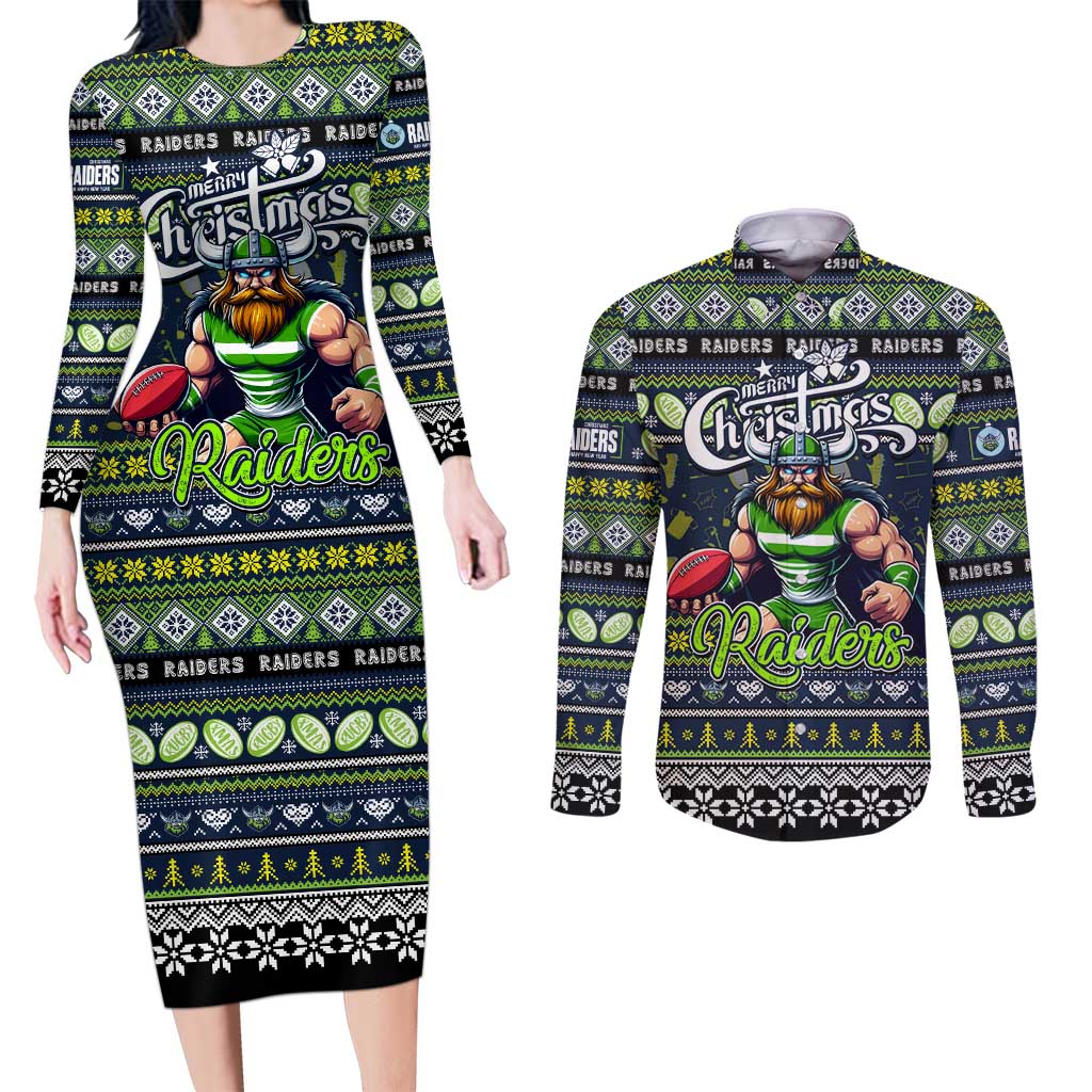 Personalized Raiders Rugby Xmas Couples Matching Long Sleeve Bodycon Dress and Long Sleeve Button Shirt Australia NRL Mascot