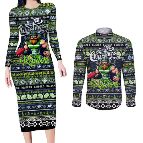 Personalized Raiders Rugby Xmas Couples Matching Long Sleeve Bodycon Dress and Long Sleeve Button Shirt Australia NRL Mascot