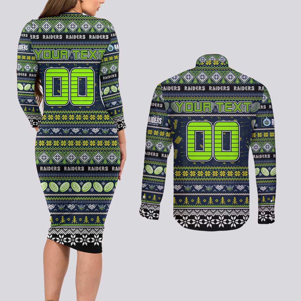 Personalized Raiders Rugby Xmas Couples Matching Long Sleeve Bodycon Dress and Long Sleeve Button Shirt Australia NRL Mascot