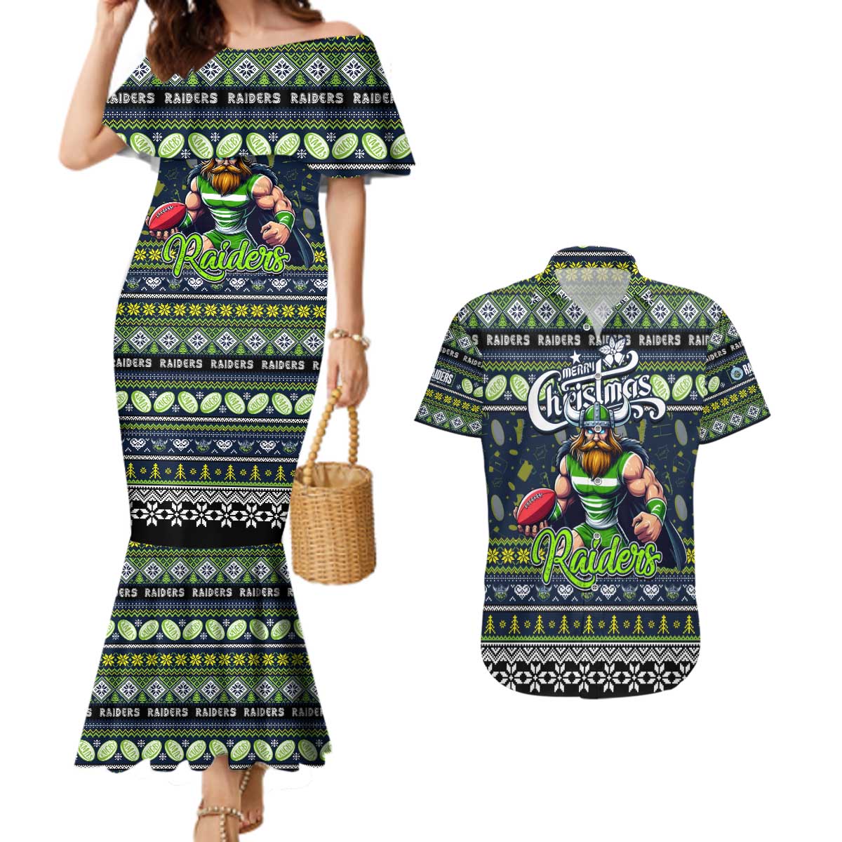 Personalized Raiders Rugby Xmas Couples Matching Mermaid Dress and Hawaiian Shirt Australia NRL Mascot