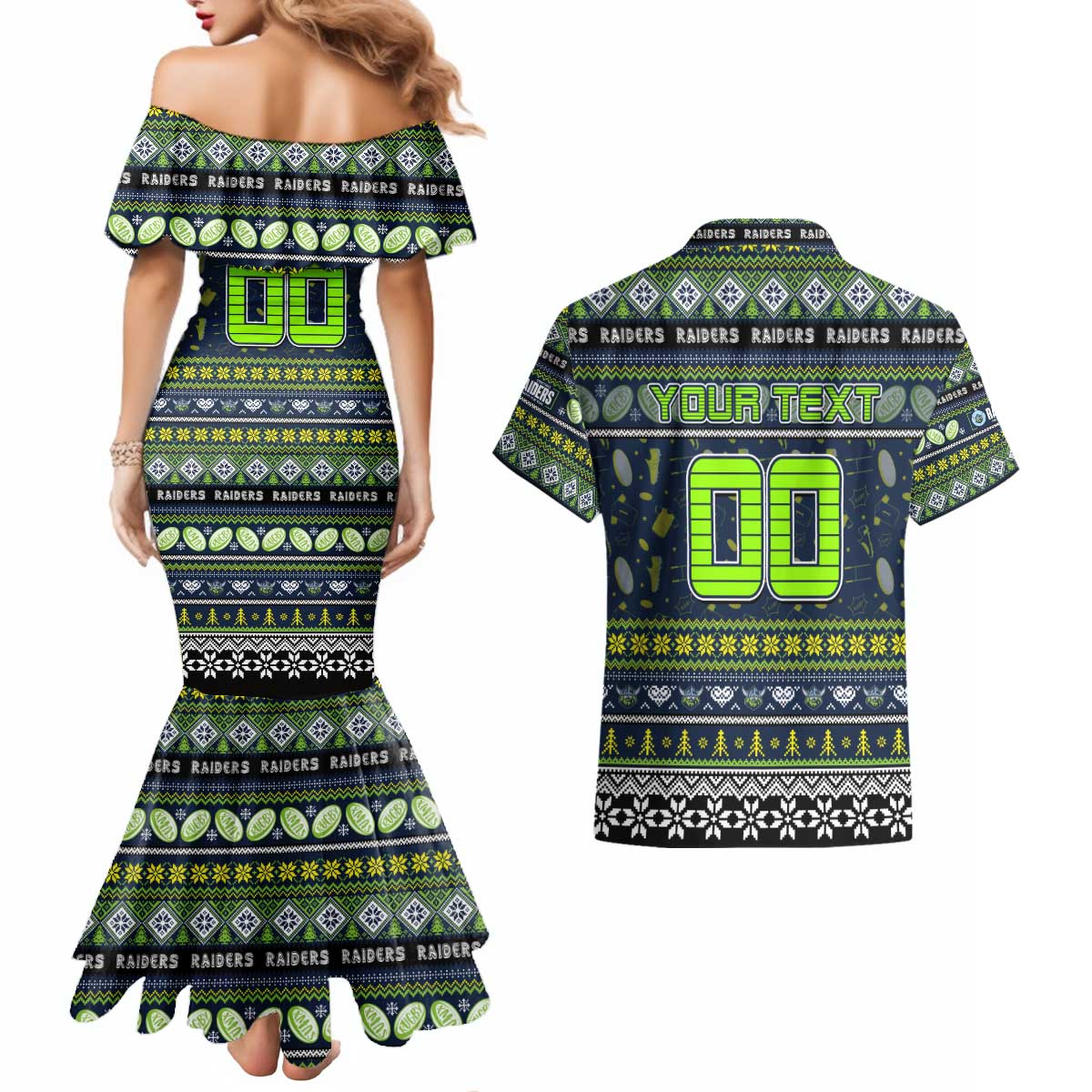 Personalized Raiders Rugby Xmas Couples Matching Mermaid Dress and Hawaiian Shirt Australia NRL Mascot