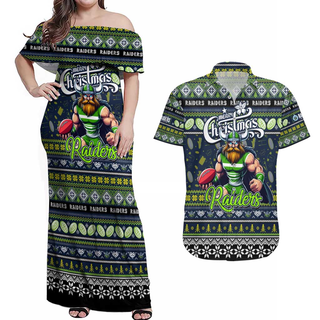 Personalized Raiders Rugby Xmas Couples Matching Off Shoulder Maxi Dress and Hawaiian Shirt Australia NRL Mascot
