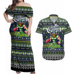 Personalized Raiders Rugby Xmas Couples Matching Off Shoulder Maxi Dress and Hawaiian Shirt Australia NRL Mascot