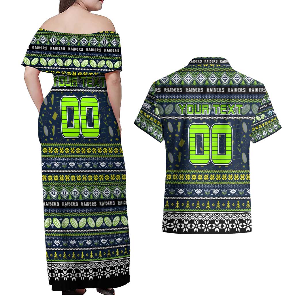 Personalized Raiders Rugby Xmas Couples Matching Off Shoulder Maxi Dress and Hawaiian Shirt Australia NRL Mascot