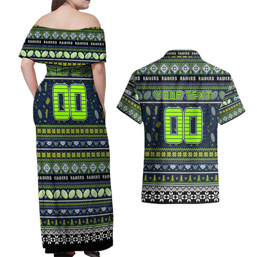 Personalized Raiders Rugby Xmas Couples Matching Off Shoulder Maxi Dress and Hawaiian Shirt Australia NRL Mascot