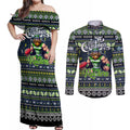 Personalized Raiders Rugby Xmas Couples Matching Off Shoulder Maxi Dress and Long Sleeve Button Shirt Australia NRL Mascot