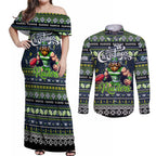 Personalized Raiders Rugby Xmas Couples Matching Off Shoulder Maxi Dress and Long Sleeve Button Shirt Australia NRL Mascot