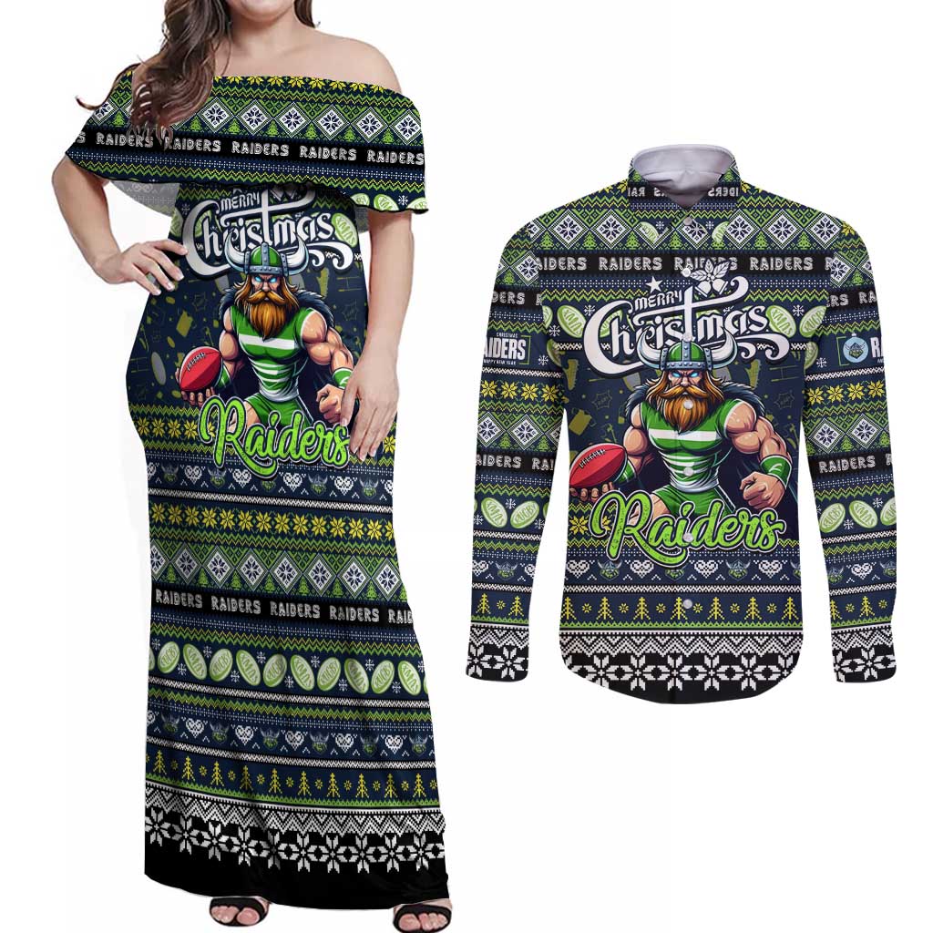 Personalized Raiders Rugby Xmas Couples Matching Off Shoulder Maxi Dress and Long Sleeve Button Shirt Australia NRL Mascot