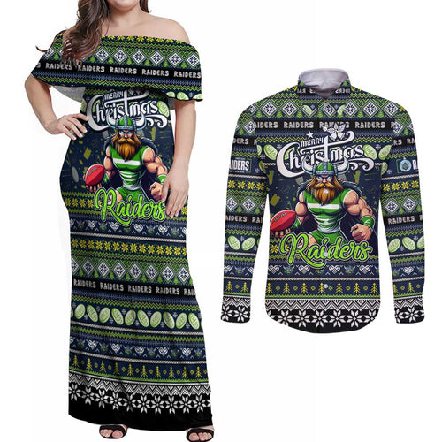 Personalized Raiders Rugby Xmas Couples Matching Off Shoulder Maxi Dress and Long Sleeve Button Shirt Australia NRL Mascot
