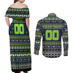 Personalized Raiders Rugby Xmas Couples Matching Off Shoulder Maxi Dress and Long Sleeve Button Shirt Australia NRL Mascot