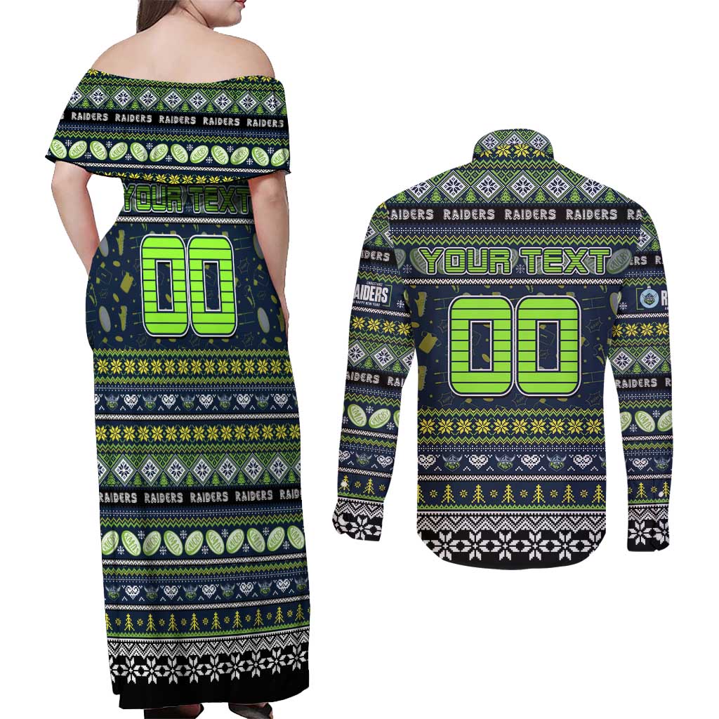 Personalized Raiders Rugby Xmas Couples Matching Off Shoulder Maxi Dress and Long Sleeve Button Shirt Australia NRL Mascot