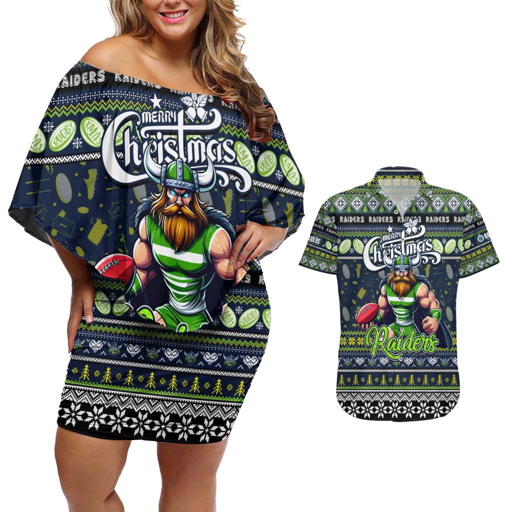 Personalized Raiders Rugby Xmas Couples Matching Off Shoulder Short Dress and Hawaiian Shirt Australia NRL Mascot