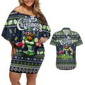 Personalized Raiders Rugby Xmas Couples Matching Off Shoulder Short Dress and Hawaiian Shirt Australia NRL Mascot