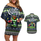 Personalized Raiders Rugby Xmas Couples Matching Off Shoulder Short Dress and Hawaiian Shirt Australia NRL Mascot