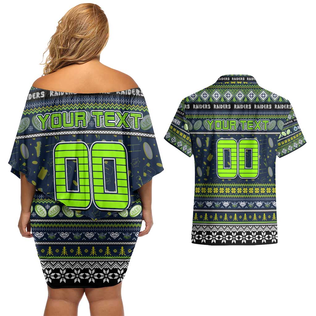 Personalized Raiders Rugby Xmas Couples Matching Off Shoulder Short Dress and Hawaiian Shirt Australia NRL Mascot