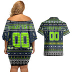 Personalized Raiders Rugby Xmas Couples Matching Off Shoulder Short Dress and Hawaiian Shirt Australia NRL Mascot