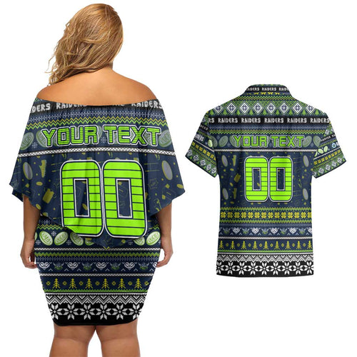 Personalized Raiders Rugby Xmas Couples Matching Off Shoulder Short Dress and Hawaiian Shirt Australia NRL Mascot