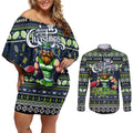 Personalized Raiders Rugby Xmas Couples Matching Off Shoulder Short Dress and Long Sleeve Button Shirt Australia NRL Mascot