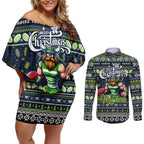 Personalized Raiders Rugby Xmas Couples Matching Off Shoulder Short Dress and Long Sleeve Button Shirt Australia NRL Mascot