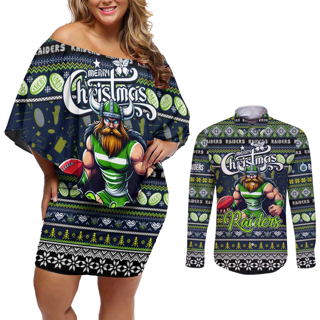Personalized Raiders Rugby Xmas Couples Matching Off Shoulder Short Dress and Long Sleeve Button Shirt Australia NRL Mascot