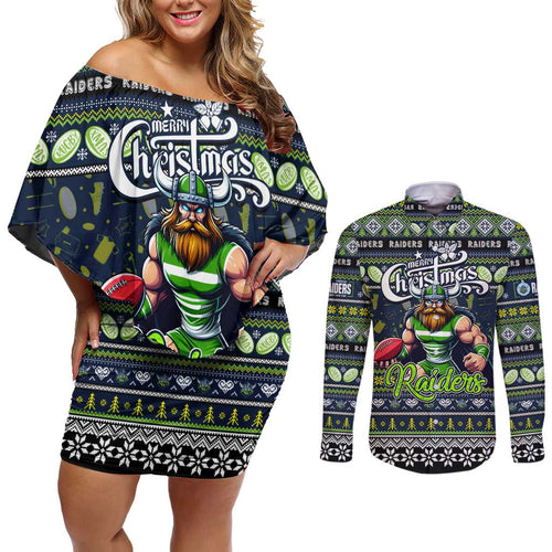 Personalized Raiders Rugby Xmas Couples Matching Off Shoulder Short Dress and Long Sleeve Button Shirt Australia NRL Mascot