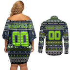 Personalized Raiders Rugby Xmas Couples Matching Off Shoulder Short Dress and Long Sleeve Button Shirt Australia NRL Mascot