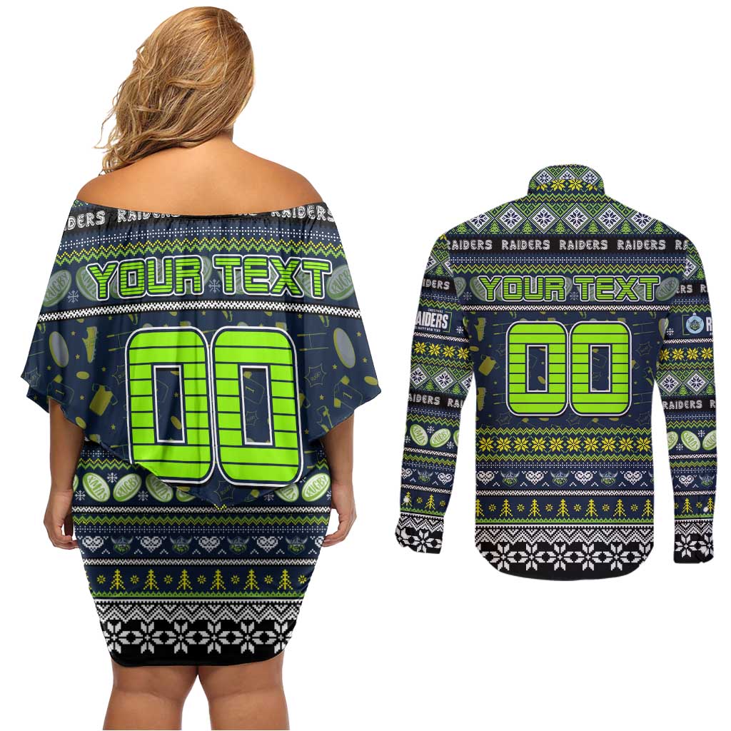 Personalized Raiders Rugby Xmas Couples Matching Off Shoulder Short Dress and Long Sleeve Button Shirt Australia NRL Mascot
