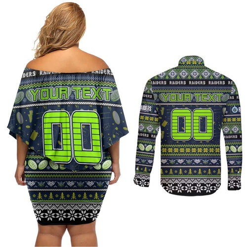Personalized Raiders Rugby Xmas Couples Matching Off Shoulder Short Dress and Long Sleeve Button Shirt Australia NRL Mascot