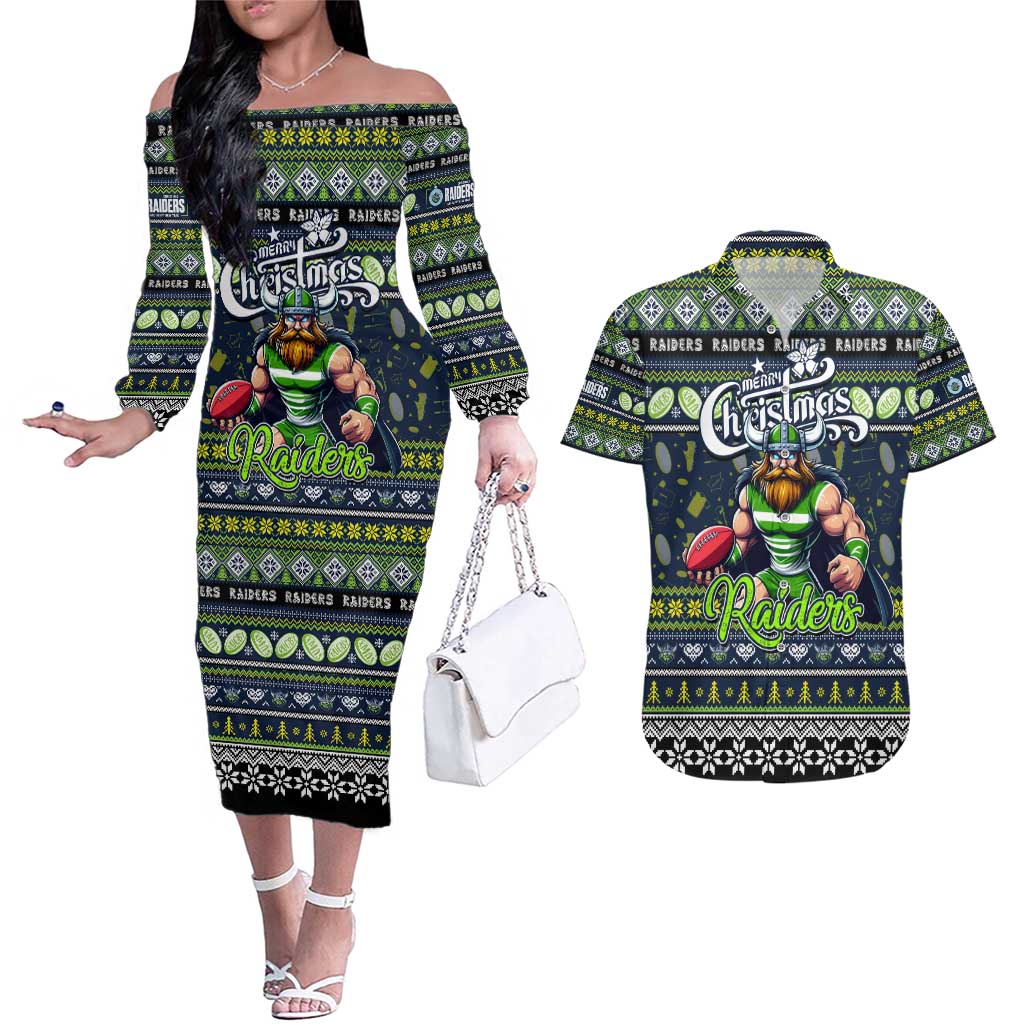 Personalized Raiders Rugby Xmas Couples Matching Off The Shoulder Long Sleeve Dress and Hawaiian Shirt Australia NRL Mascot