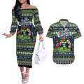 Personalized Raiders Rugby Xmas Couples Matching Off The Shoulder Long Sleeve Dress and Hawaiian Shirt Australia NRL Mascot