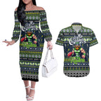 Personalized Raiders Rugby Xmas Couples Matching Off The Shoulder Long Sleeve Dress and Hawaiian Shirt Australia NRL Mascot