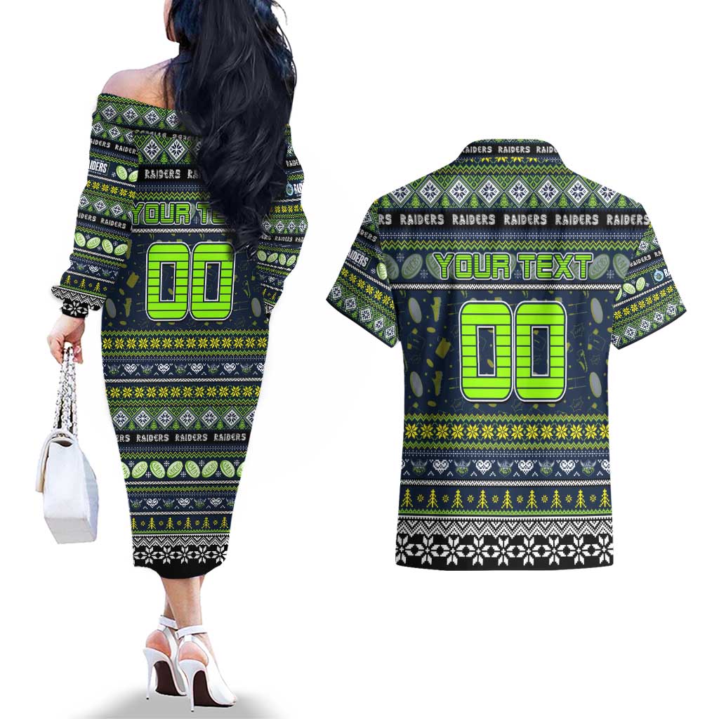 Personalized Raiders Rugby Xmas Couples Matching Off The Shoulder Long Sleeve Dress and Hawaiian Shirt Australia NRL Mascot