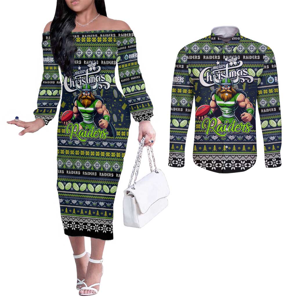 Personalized Raiders Rugby Xmas Couples Matching Off The Shoulder Long Sleeve Dress and Long Sleeve Button Shirt Australia NRL Mascot