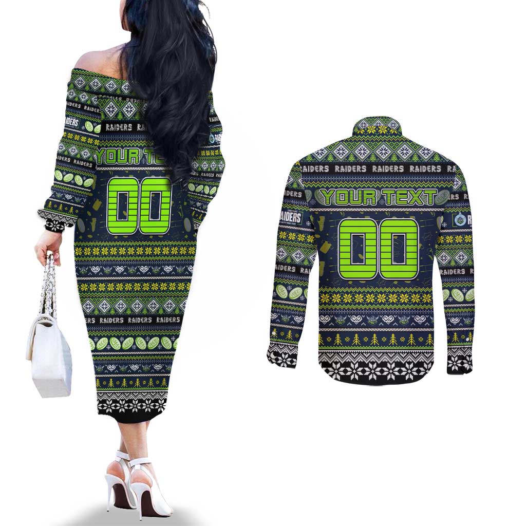 Personalized Raiders Rugby Xmas Couples Matching Off The Shoulder Long Sleeve Dress and Long Sleeve Button Shirt Australia NRL Mascot